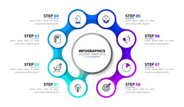 Simgeli ve 8 basamaklı bilgi şablonu. Çember olun. İş akışı düzeni, diyagram, pankart, web tasarımı için kullanılabilir. Vektör illüstrasyonu