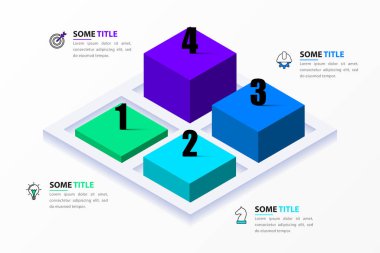 Simgeli bilgi şablonu ve 4 seçenek veya adım. Isometric. İş akışı düzeni, diyagram, pankart, web tasarımı için kullanılabilir. Vektör illüstrasyonu