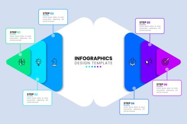 Simgeli ve 6 basamaklı bilgi şablonu. İş akışı düzeni, diyagram, pankart, web tasarımı için kullanılabilir. Vektör illüstrasyonu