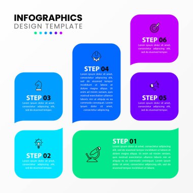 Simgeli ve 6 basamaklı bilgi şablonu. Kareler. İş akışı düzeni, diyagram, pankart, web tasarımı için kullanılabilir. Vektör illüstrasyonu