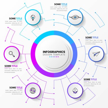Simgeli ve 6 basamaklı bilgi şablonu. Teknoloji. İş akışı düzeni, diyagram, pankart, web tasarımı için kullanılabilir. Vektör illüstrasyonu
