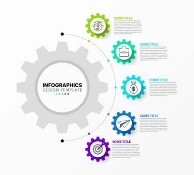 Simgeli bilgi şablonu ve 5 seçenek veya adım. Dişliler. İş akışı düzeni, diyagram, pankart, web tasarımı için kullanılabilir. Vektör illüstrasyonu