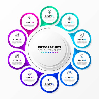 Simgeli bilgi şablonu ve 10 seçenek veya adım. Çember olun. İş akışı düzeni, diyagram, pankart, web tasarımı için kullanılabilir. Vektör illüstrasyonu