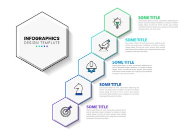 Simgeli bilgi şablonu ve 5 seçenek veya adım. Altıgen. İş akışı düzeni, diyagram, pankart, web tasarımı için kullanılabilir. Vektör illüstrasyonu