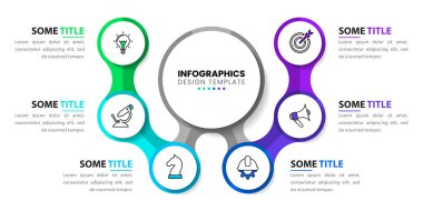 Simgeli ve 6 basamaklı bilgi şablonu. Çember olun. İş akışı düzeni, diyagram, pankart, web tasarımı için kullanılabilir. Vektör illüstrasyonu