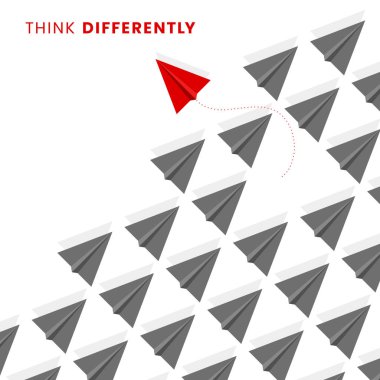 Farklı düşün. İş metaforu. Kağıt uçak. Vektör illüstrasyonu