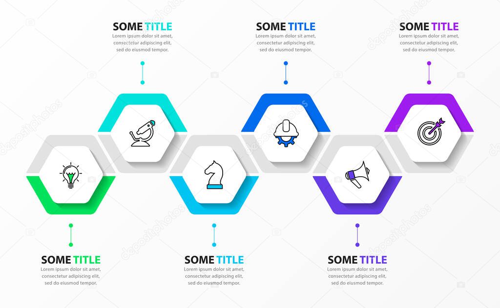 Infographic template with icons and 6 options or steps. Hexagon. Can be used for workflow layout, diagram, banner, webdesign. Vector illustration