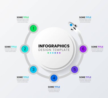 6 seçenek ya da adımlı bilgi şablonu. Roket gibi. İş akışı düzeni, diyagram, pankart, web tasarımı için kullanılabilir. Vektör illüstrasyonu