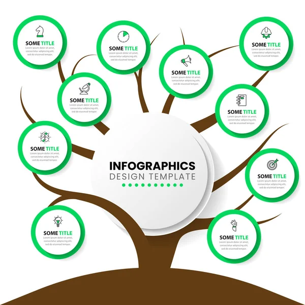 Simgeli bilgi şablonu ve 10 seçenek veya adım. Ağaç. İş akışı düzeni, diyagram, pankart, web tasarımı için kullanılabilir. Vektör illüstrasyonu