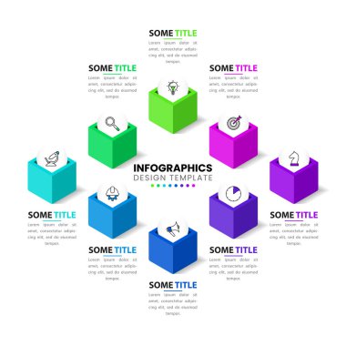 Simgeli ve 8 basamaklı bilgi şablonu. Küpler. İş akışı düzeni, diyagram, pankart, web tasarımı için kullanılabilir. Vektör illüstrasyonu