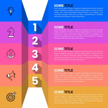 Simgeli bilgi şablonu ve 5 seçenek veya adım. İş akışı düzeni, diyagram, pankart, web tasarımı için kullanılabilir. Vektör illüstrasyonu