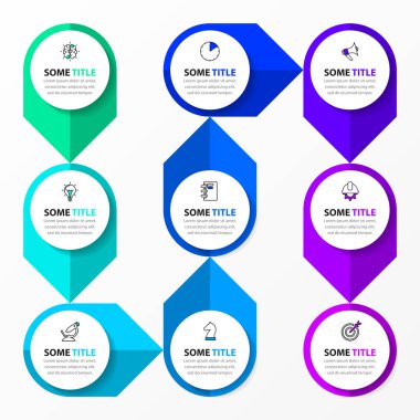 Simgeli bilgi şablonu ve 9 seçenek veya adım. İş akışı düzeni, diyagram, pankart, web tasarımı için kullanılabilir. Vektör illüstrasyonu