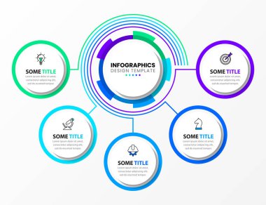 Simgeli bilgi şablonu ve 5 seçenek veya adım. Dişliler. İş akışı düzeni, diyagram, pankart, web tasarımı için kullanılabilir. Vektör illüstrasyonu