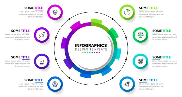 Simgeli ve 8 basamaklı bilgi şablonu. Dişliler. İş akışı düzeni, diyagram, pankart, web tasarımı için kullanılabilir. Vektör illüstrasyonu