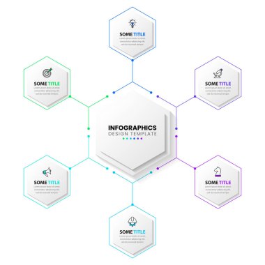 Simgeli ve 6 basamaklı bilgi şablonu. Altıgen. İş akışı düzeni, diyagram, pankart, web tasarımı için kullanılabilir. Vektör illüstrasyonu