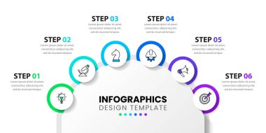 Simgeli ve 6 basamaklı bilgi şablonu. İş akışı düzeni, diyagram, pankart, web tasarımı için kullanılabilir. Vektör illüstrasyonu