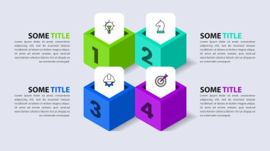 Simgeli bilgi şablonu ve 4 seçenek veya adım. Küpler. İş akışı düzeni, diyagram, pankart, web tasarımı için kullanılabilir. Vektör illüstrasyonu