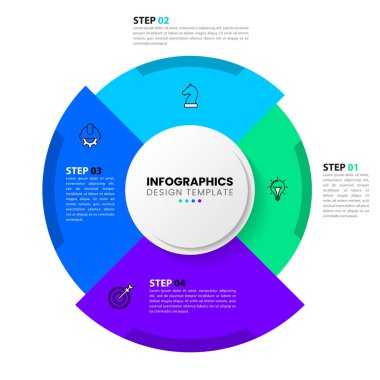 Simgeli bilgi şablonu ve 4 seçenek veya adım. Çember olun. İş akışı düzeni, diyagram, pankart, web tasarımı için kullanılabilir. Vektör illüstrasyonu