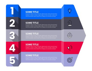 Simgeli bilgi şablonu ve 5 seçenek veya adım. Ok at. İş akışı düzeni, diyagram, pankart, web tasarımı için kullanılabilir. Vektör illüstrasyonu