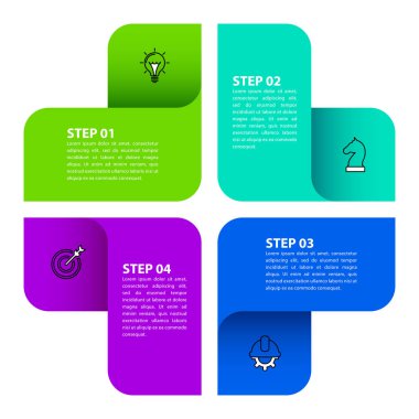 Simgeli bilgi şablonu ve 4 seçenek veya adım. Geç. İş akışı düzeni, diyagram, pankart, web tasarımı için kullanılabilir. Vektör illüstrasyonu