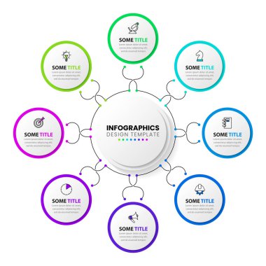 Simgeli ve 8 basamaklı bilgi şablonu. Çember olun. İş akışı düzeni, diyagram, pankart, web tasarımı için kullanılabilir. Vektör illüstrasyonu