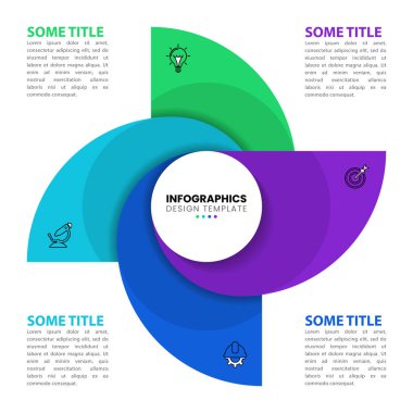 Simgeli bilgi şablonu ve 4 seçenek veya adım. Pervane. İş akışı düzeni, diyagram, pankart, web tasarımı için kullanılabilir. Vektör illüstrasyonu