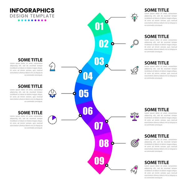 具有图标和9个选项或步骤的信息图形模板 螺旋形 可用于工作流布局 网页设计 矢量说明 — 图库矢量图片