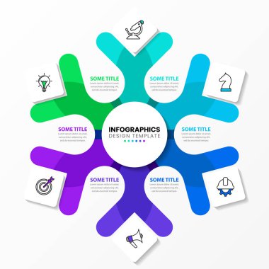 Simgeli ve 6 basamaklı bilgi şablonu. Yıldız. İş akışı düzeni, diyagram, pankart, web tasarımı için kullanılabilir. Vektör illüstrasyonu