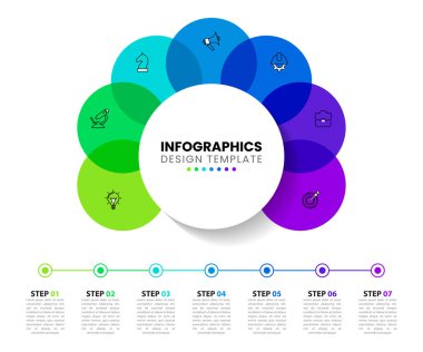 7 seçenek ya da adımlı bilgi şablonu. Çember olun. İş akışı düzeni, diyagram, pankart, web tasarımı için kullanılabilir. Vektör illüstrasyonu