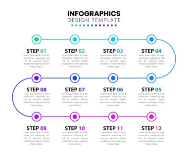 12 seçenek ya da adımlı bilgi şablonu. Zaman çizelgesi. İş akışı düzeni, diyagram, pankart, web tasarımı için kullanılabilir. Vektör illüstrasyonu