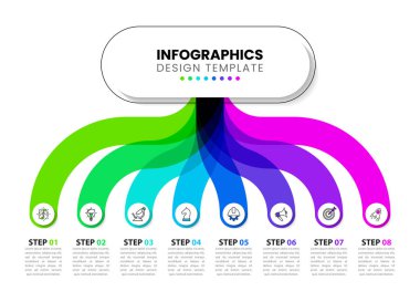Simgeli ve 8 basamaklı bilgi şablonu. İş akışı düzeni, diyagram, pankart, web tasarımı için kullanılabilir. Vektör illüstrasyonu
