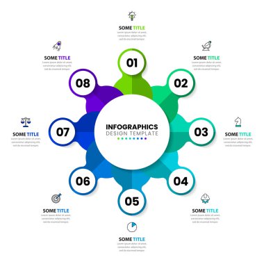 Simgeli ve 8 basamaklı bilgi şablonu. Çember olun. İş akışı düzeni, diyagram, pankart, web tasarımı için kullanılabilir. Vektör illüstrasyonu