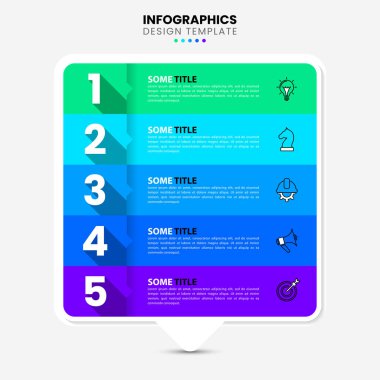 Simgeli bilgi şablonu ve 5 seçenek veya adım. İş akışı düzeni, diyagram, pankart, web tasarımı için kullanılabilir. Vektör illüstrasyonu