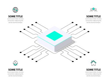 Simgeli bilgi şablonu ve 4 seçenek veya adım. İş akışı düzeni, diyagram, pankart, web tasarımı için kullanılabilir. Vektör illüstrasyonu