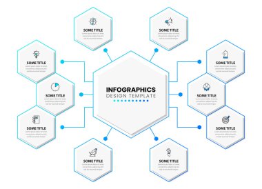 Simgeli bilgi şablonu ve 10 seçenek veya adım. Altıgen. İş akışı düzeni, diyagram, pankart, web tasarımı için kullanılabilir. Vektör illüstrasyonu