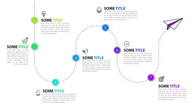 Simgeli bilgi şablonu ve 7 seçenek veya adım. İş akışı düzeni, diyagram, pankart, web tasarımı için kullanılabilir. Vektör illüstrasyonu