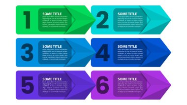 6 seçenek ya da adımlı bilgi şablonu. Oklar. İş akışı düzeni, diyagram, pankart, web tasarımı için kullanılabilir. Vektör illüstrasyonu