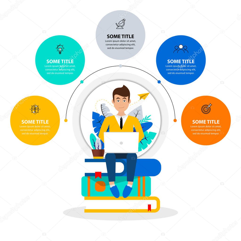 Infographic template with icons and 5 options or steps. Studying boy. Can be used for workflow layout, diagram, banner, webdesign. Vector illustration