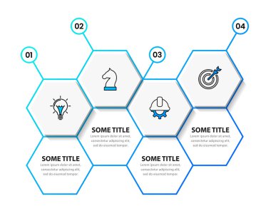 Simgeli bilgi şablonu ve 4 seçenek veya adım. Altıgen. İş akışı düzeni, diyagram, pankart, web tasarımı için kullanılabilir. Vektör illüstrasyonu