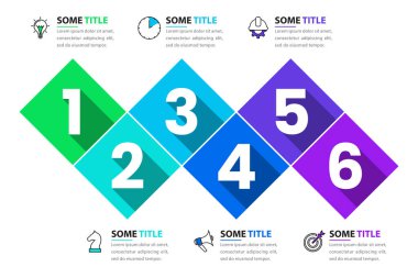 Simgeli ve 6 basamaklı bilgi şablonu. Zaman çizelgesi. İş akışı düzeni, diyagram, pankart, web tasarımı için kullanılabilir. Vektör illüstrasyonu