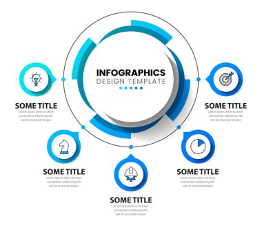 Simgeli bilgi şablonu ve 5 seçenek veya adım. Dişliler. İş akışı düzeni, diyagram, pankart, web tasarımı için kullanılabilir. Vektör illüstrasyonu