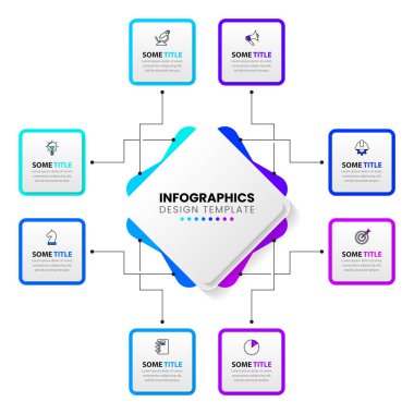 Simgeli ve 8 basamaklı bilgi şablonu. Dikdörtgen. İş akışı düzeni, diyagram, pankart, web tasarımı için kullanılabilir. Vektör illüstrasyonu