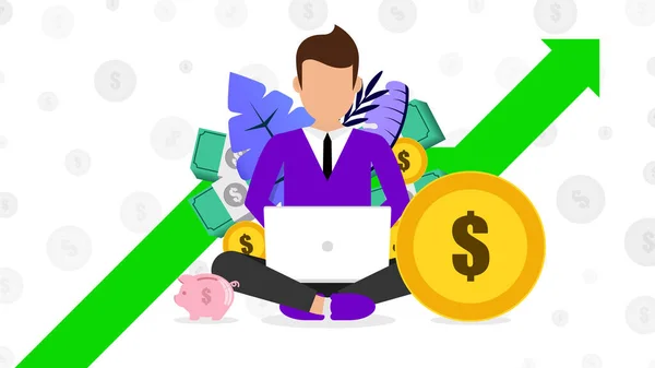 Money Concept Man Sitting Computer Making Money Vector Illustration — Stock Vector