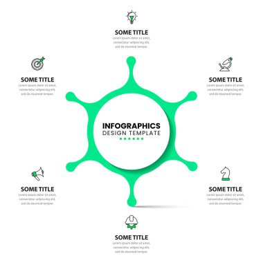 Simgeli ve 6 basamaklı bilgi şablonu. İş akışı düzeni, diyagram, pankart, web tasarımı için kullanılabilir. Vektör illüstrasyonu