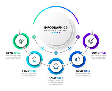 Simgeli bilgi şablonu ve 5 seçenek veya adım. Çember olun. İş akışı düzeni, diyagram, pankart, web tasarımı için kullanılabilir. Vektör illüstrasyonu