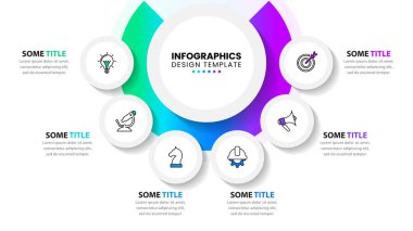 Simgeli ve 6 basamaklı bilgi şablonu. Çember olun. İş akışı düzeni, diyagram, pankart, web tasarımı için kullanılabilir. Vektör illüstrasyonu