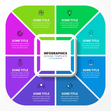 Simgeli ve 8 basamaklı bilgi şablonu. İş akışı düzeni, diyagram, pankart, web tasarımı için kullanılabilir. Vektör illüstrasyonu