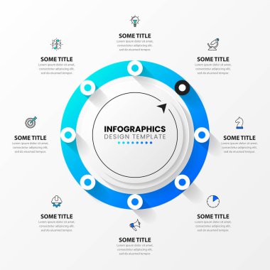 Simgeli ve 8 basamaklı bilgi şablonu. İş akışı düzeni, diyagram, pankart, web tasarımı için kullanılabilir. Vektör illüstrasyonu