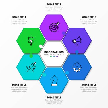 Simgeli ve 6 basamaklı bilgi şablonu. Altıgen. İş akışı düzeni, diyagram, pankart, web tasarımı için kullanılabilir. Vektör illüstrasyonu