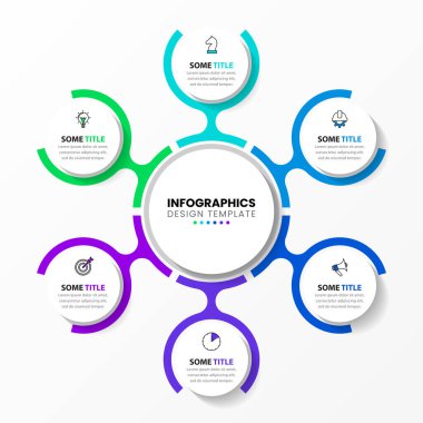 Simgeli ve 6 basamaklı bilgi şablonu. Çember olun. İş akışı düzeni, diyagram, pankart, web tasarımı için kullanılabilir. Vektör illüstrasyonu